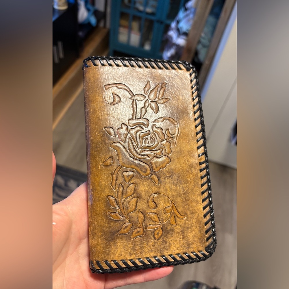 Vintage tooled leather billfold wallet R.K.